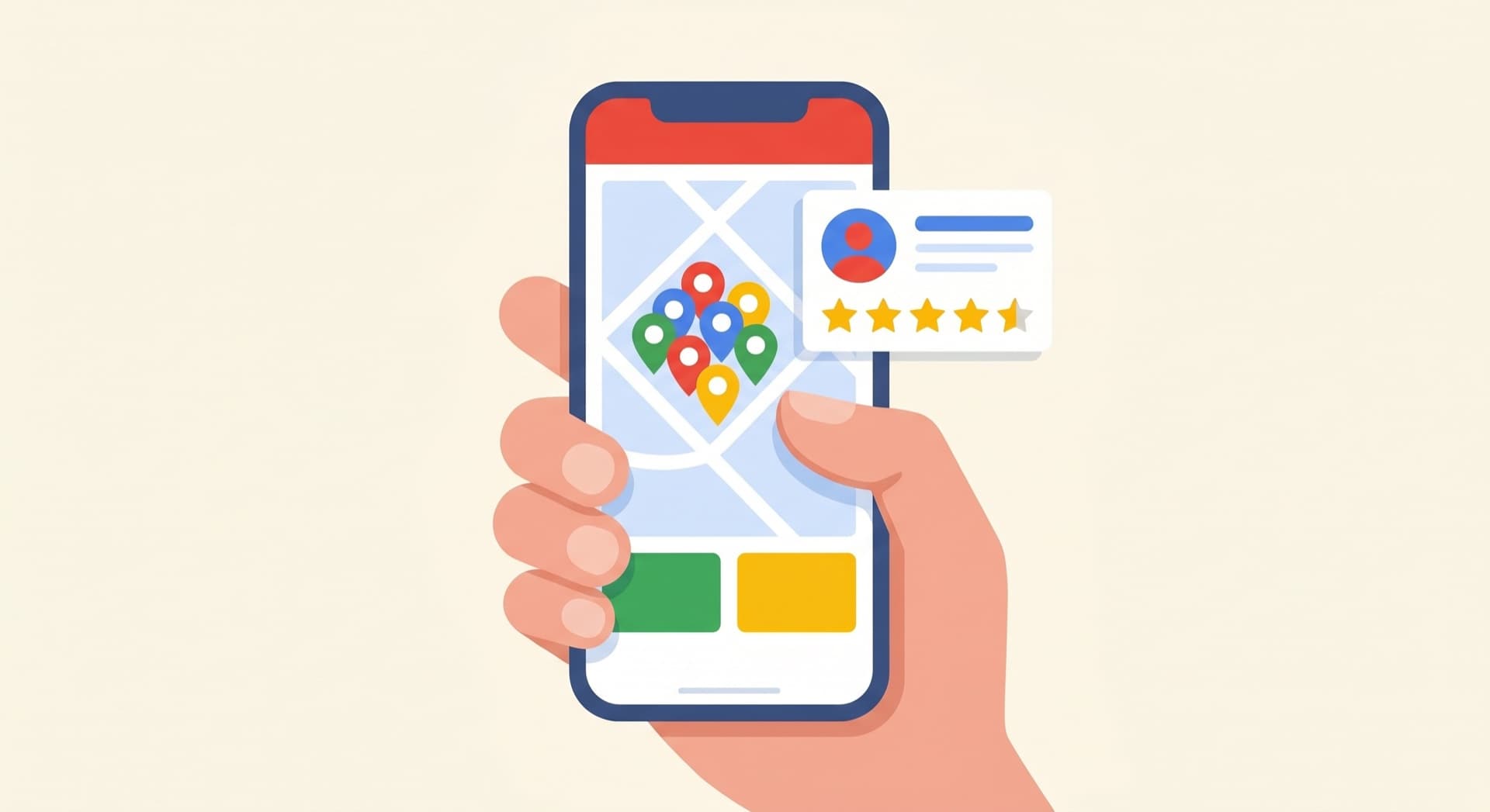 Smartphone showing business profile σε Google Maps με reviews