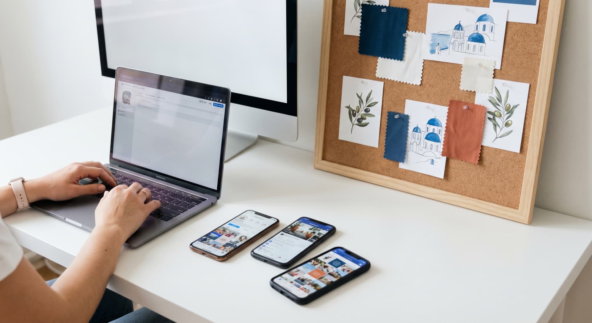 Social media manager στο desk με smartphones και Greek brand mood board