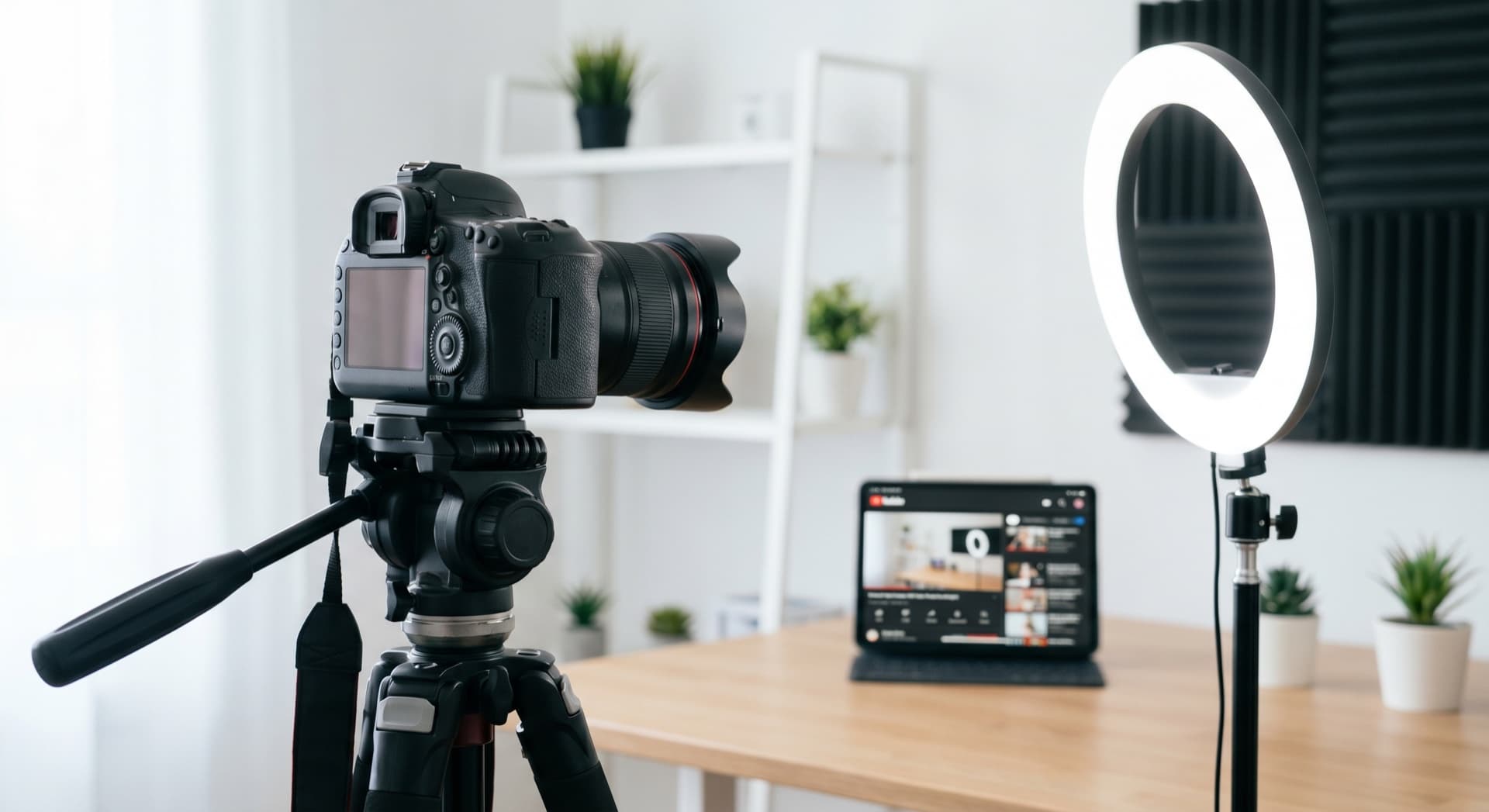 Video production setup με DSLR camera, ring light και YouTube interface
